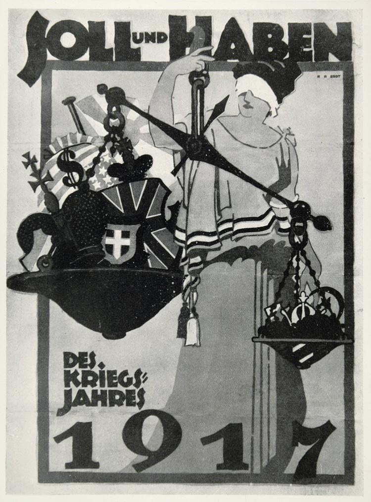 1920 WWI Erdt Scale Justice German 1917 War Mini Poster Propaganda Wartime WWI