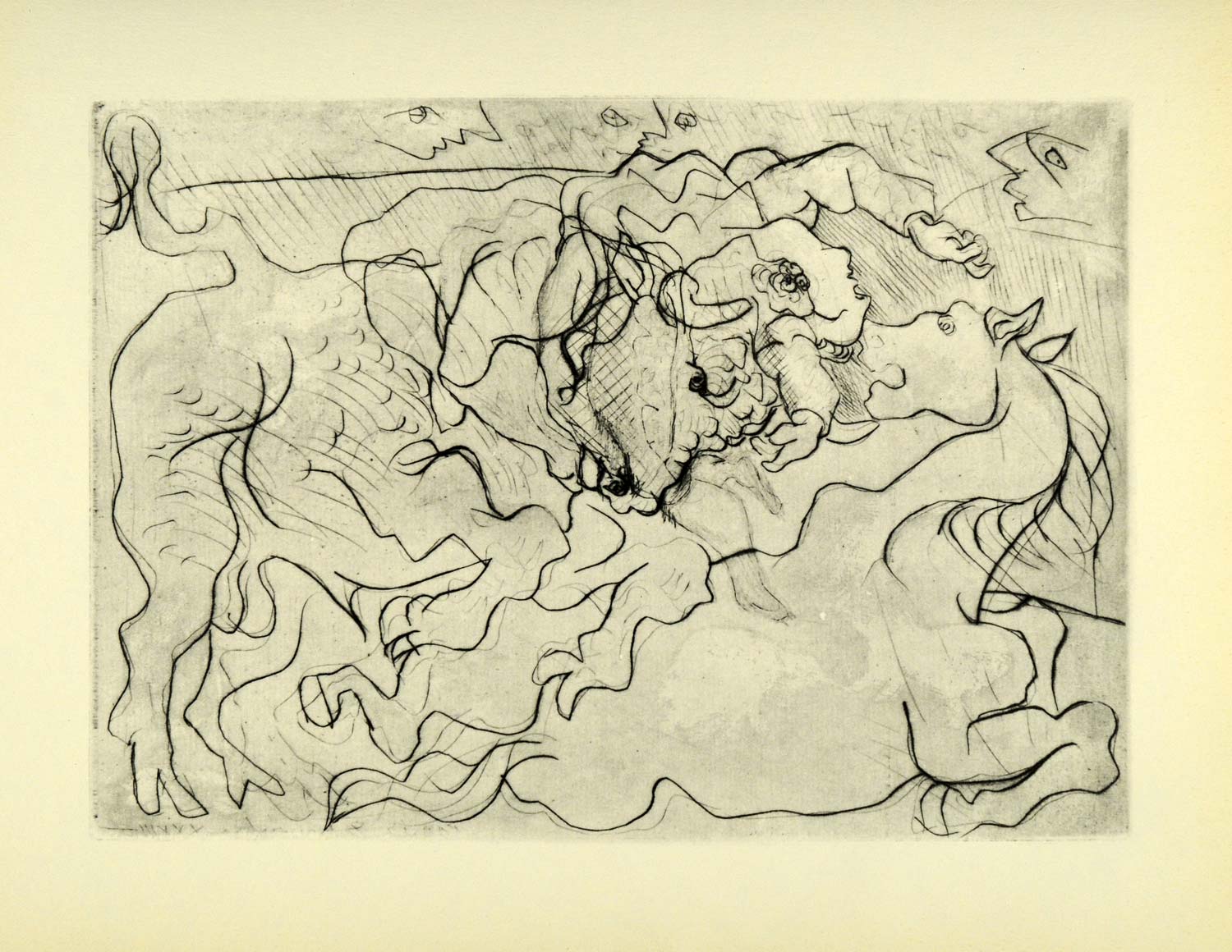 1956 Print Pablo Picasso Bullfight II Dry Point Abstract Art Bull Bullfighting