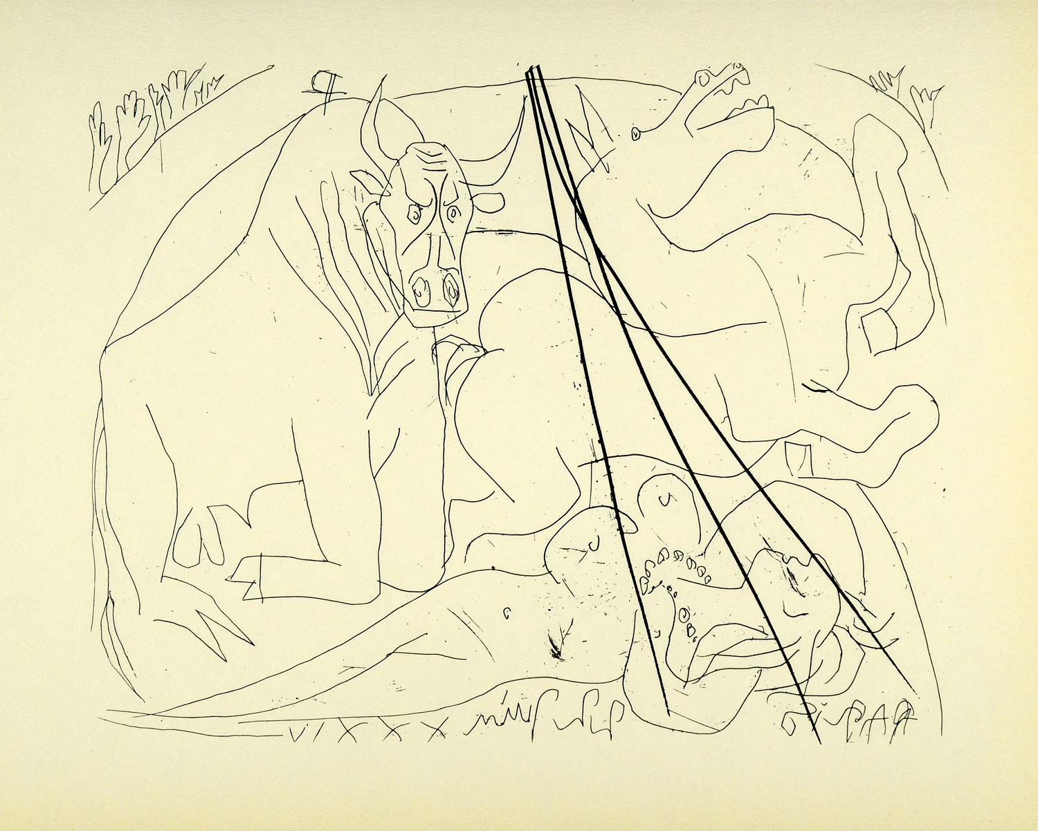 1956 Print Pablo Picasso Bull Horse Reclining Woman Nude Figure Abstract Art