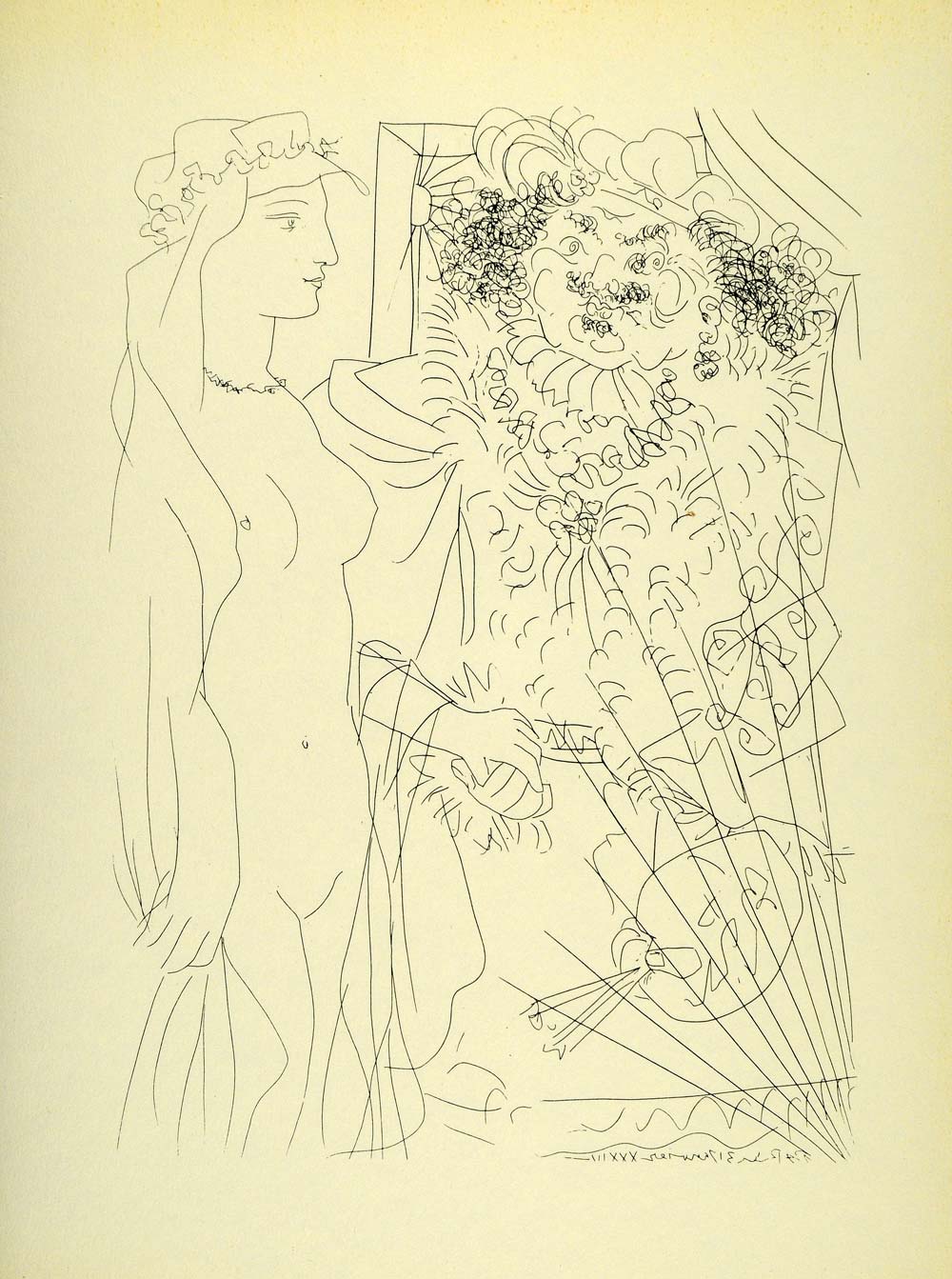 1956 Print Pablo Picasso Art Standing Nude Flowing Headdress Portrait Rembrandt