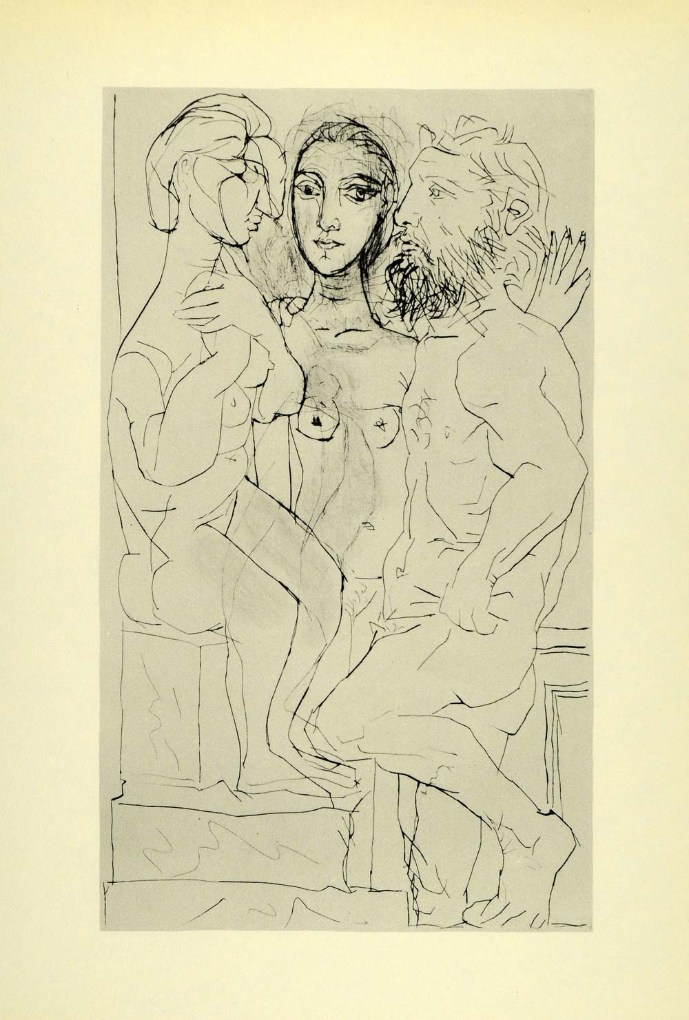 1956 Print Pablo Picasso Sculptor Nude Model Viewing Statue of Seated Woman Art
