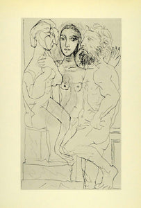 1956 Print Pablo Picasso Sculptor Nude Model Viewing Statue of Seated Woman Art