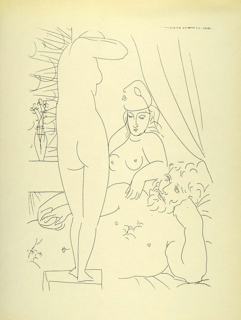 1956 Print Pablo Picasso Sculptor Model Mask Statue Standing Female Nude Art