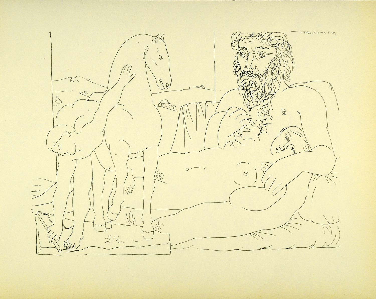 1956 Print Pablo Picasso Nude Sculptor Reclining Female Sculpture Boy Horse Art - Period Paper
