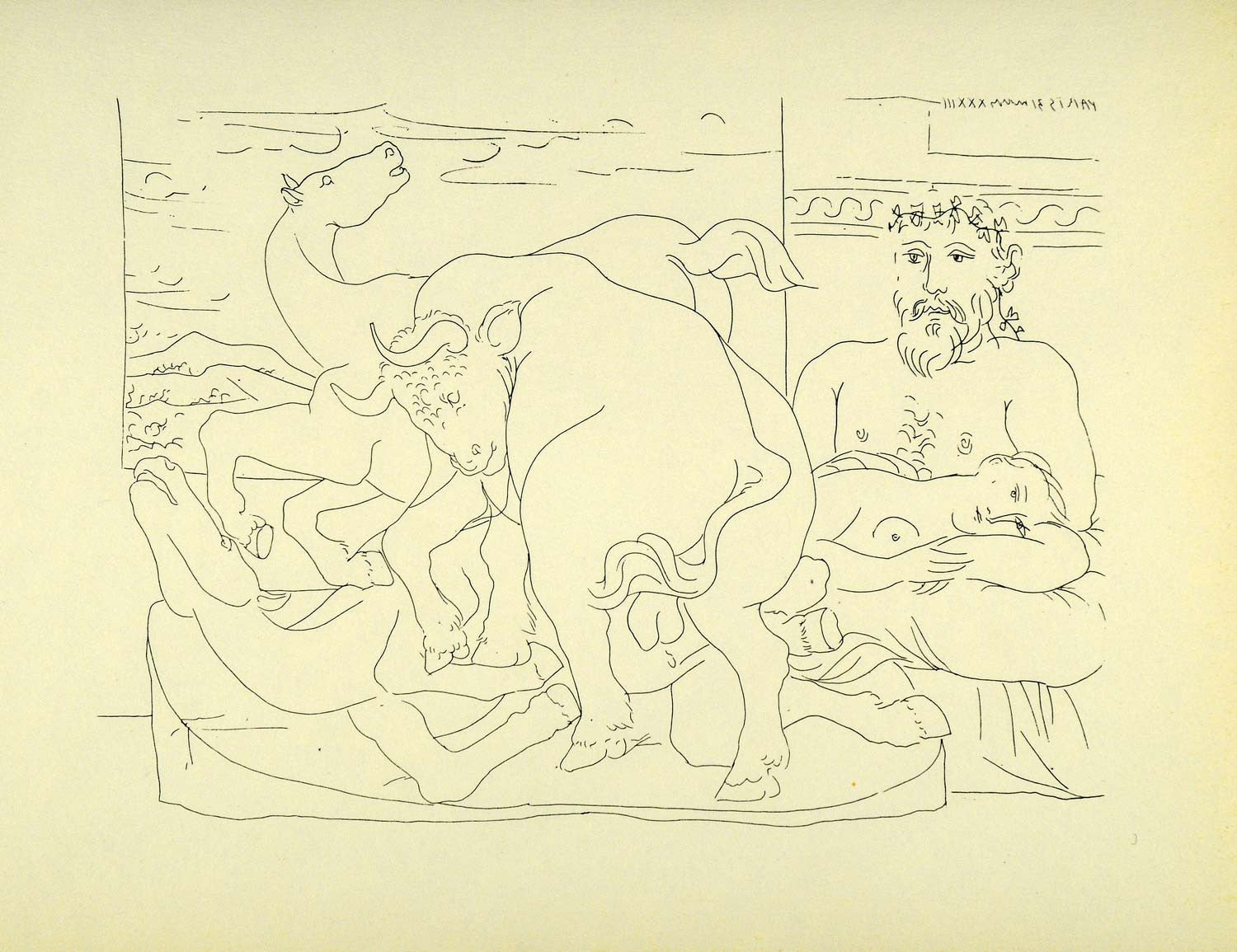 1956 Print Pablo Picasso Nude Reclining Model Sculptor Sculpture Bull Two Horses - Period Paper
