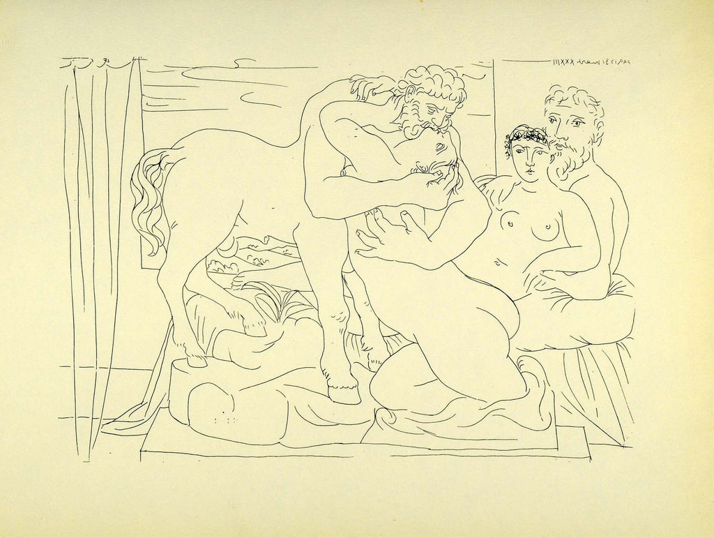 1956 Print Pablo Picasso Nude Art Sculptor Model Centaur Kissing Girl Erotic - Period Paper
