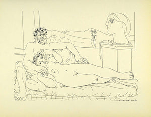 1956 Print Pablo Picasso Nude Sculptor Reclining Model Sculpture Head Abstract - Period Paper
