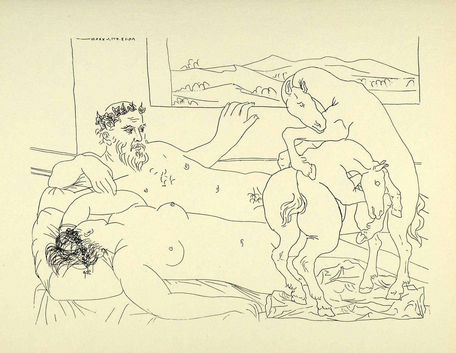 1956 Print Pablo Picasso Nude Sculptor Model Sculpture Fighting Horses Abstract