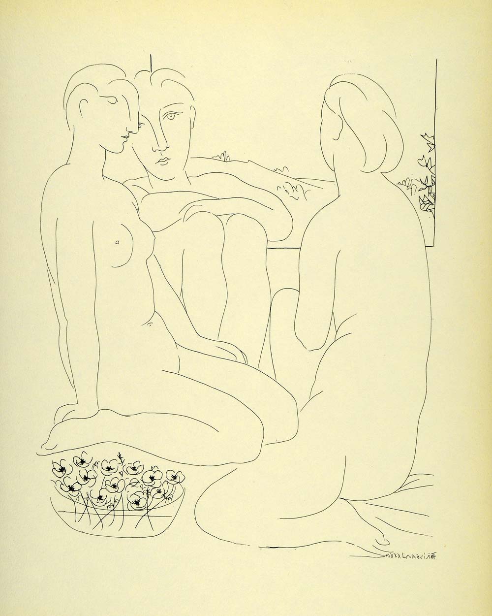 1956 Print Pablo Picasso Nude Female Figures Seated Basket Flowers Abstract Art