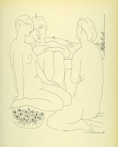 1956 Print Pablo Picasso Nude Female Figures Seated Basket Flowers Abstract Art