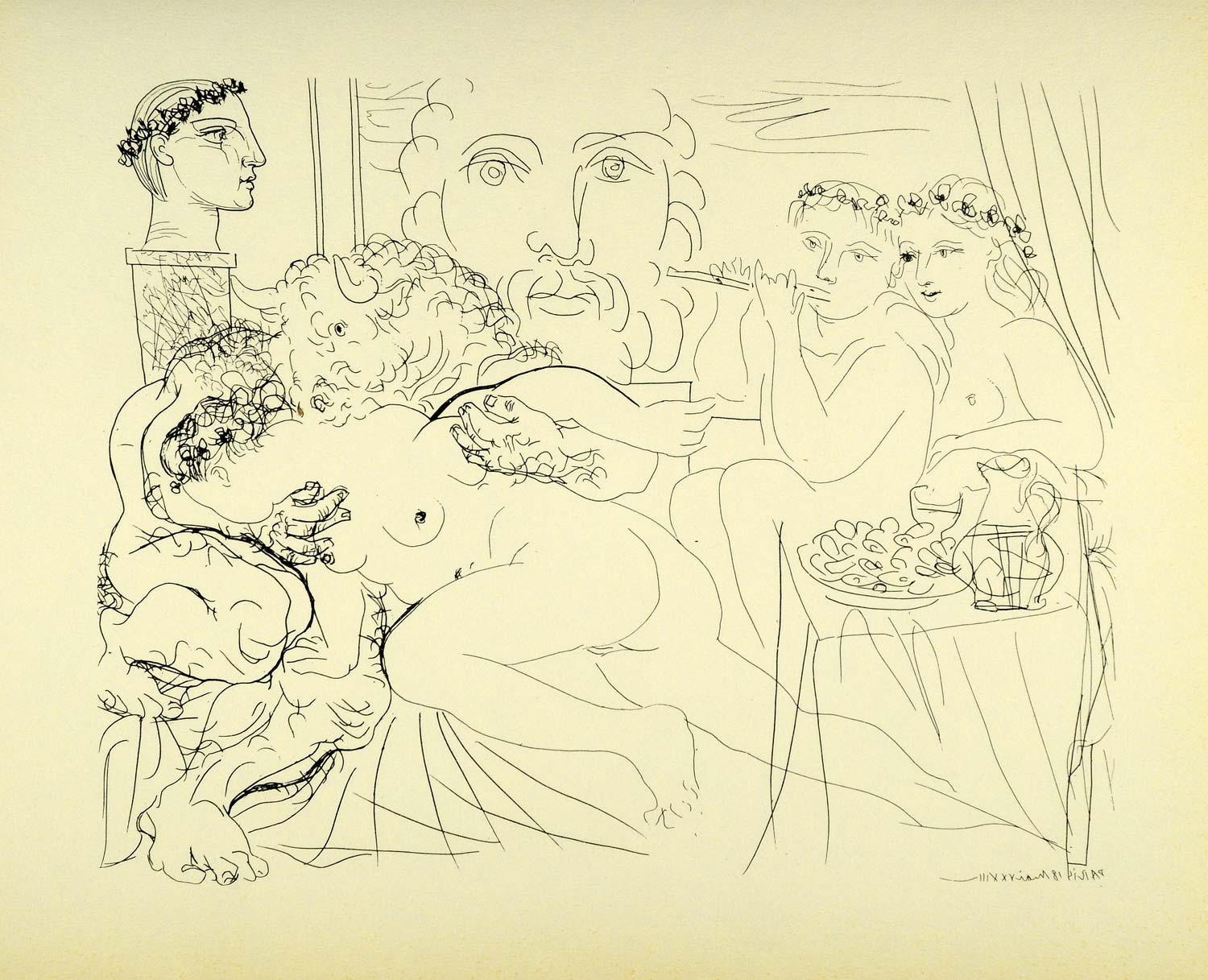 1956 Print Pablo Picasso Minotaur Nude Girl Flute Player Mythological Modern Art