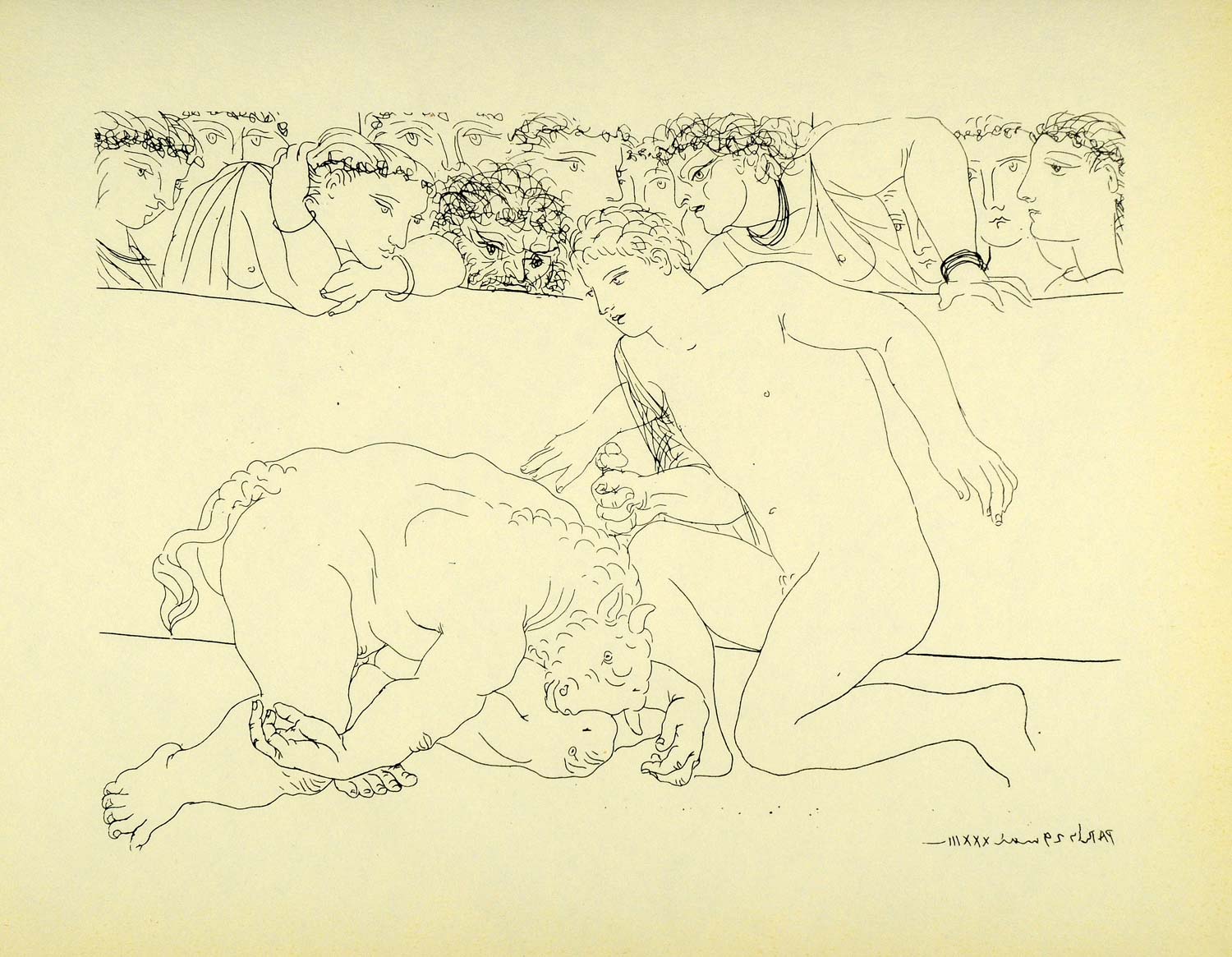 1956 Print Pablo Picasso Minotaur Defeated Nude Youth Boy Arena Mythological Art