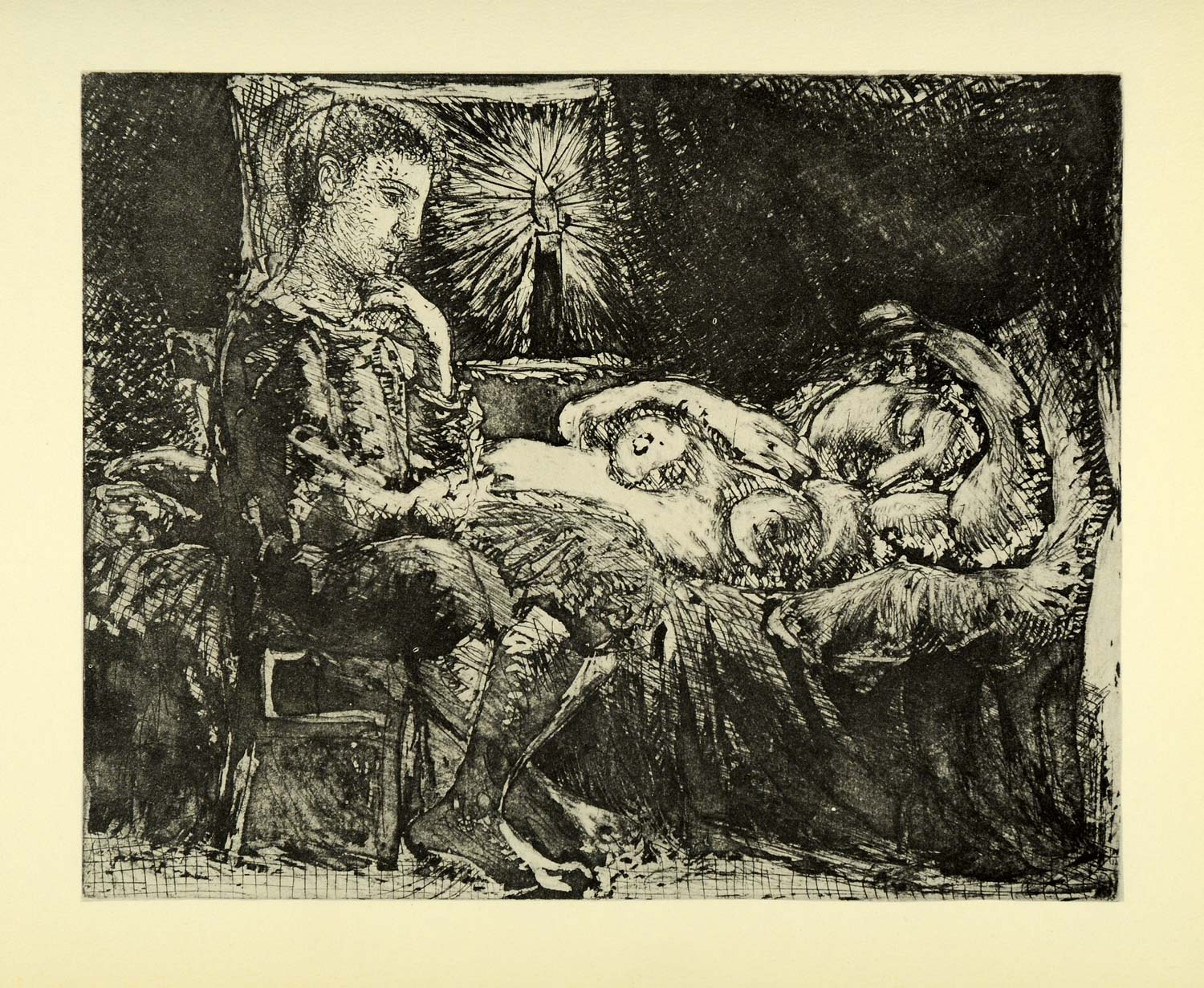 1956 Print Pablo Picasso Boy Watching Sleeping Nude Woman Candlelight Abstract