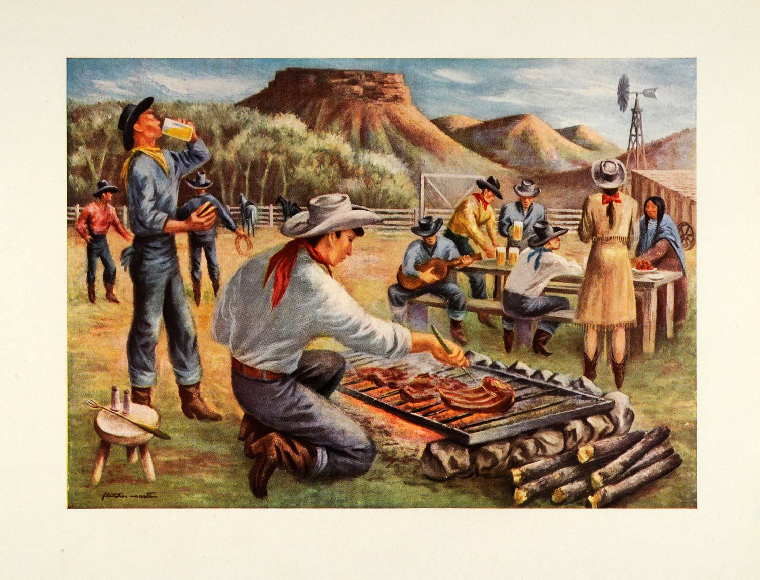 1945 Print Montana Western Barbecue Cowboys Native Americans Fletcher XAA5