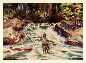 1945 Print Maine Trout Water Fly Fishing Fisherman John Whorf Watercolor XAA5