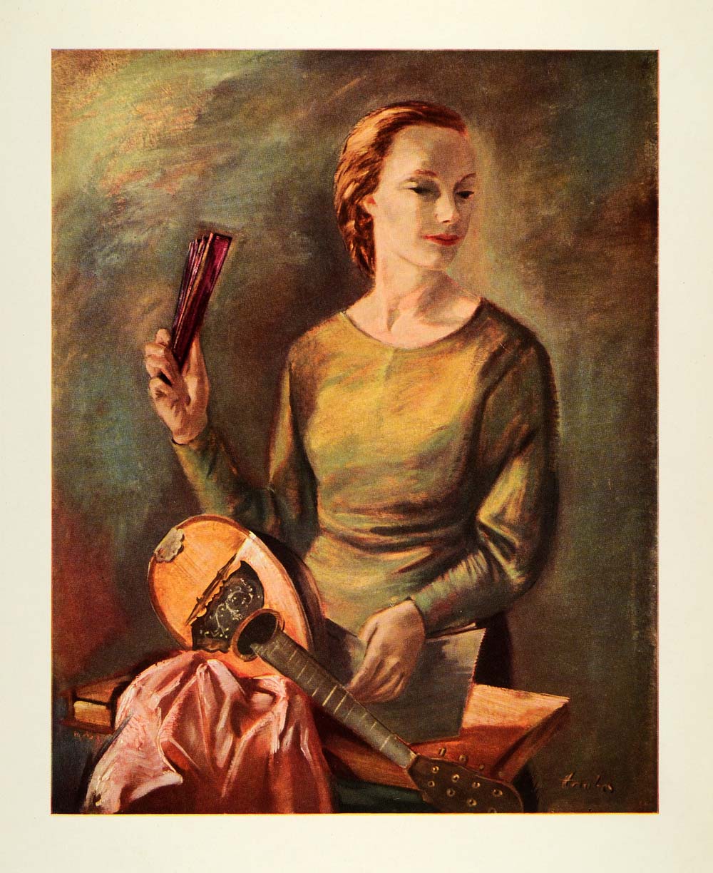 1945 Print Girl with Mandolin Musical Instrument California Frederic Taubes XAA5