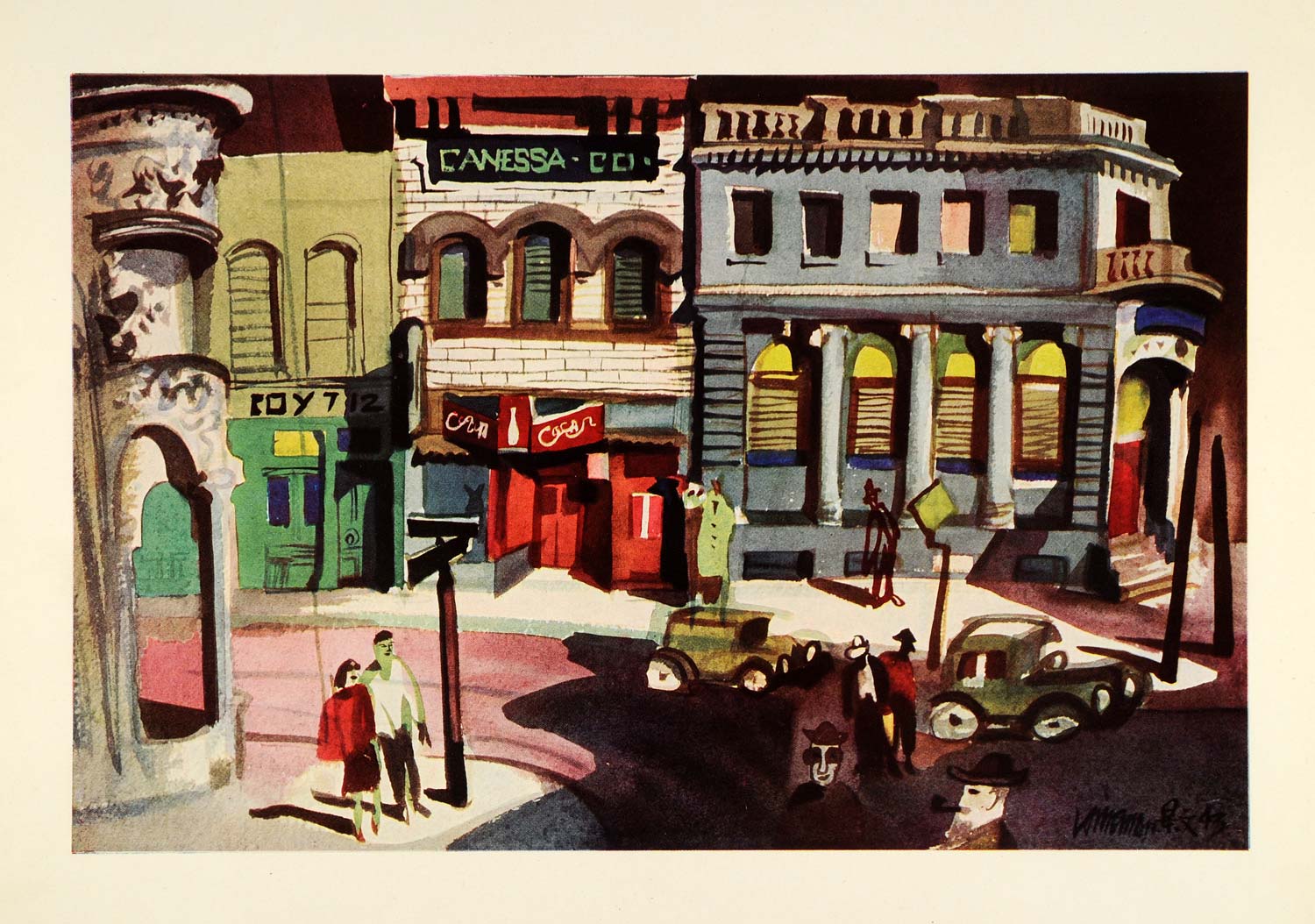 1945 Print Black Cat Cafe San Francisco California Dong Kingman Watercolor XAA5