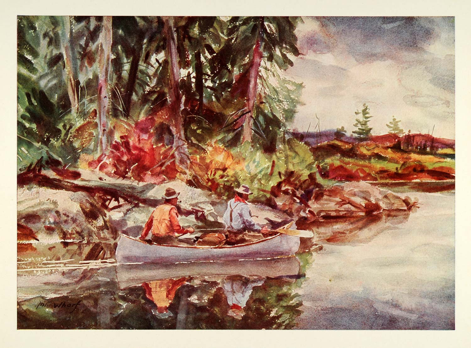 1945 Print Black Water Maine Canoeing Fishermen John Whorf Watercolor XAA5