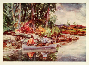 1945 Print Black Water Maine Canoeing Fishermen John Whorf Watercolor XAA5