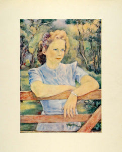 1945 Print Portrait Woman Sidney Connecticut Wooden Fence Peter Lauck Oil XAA5