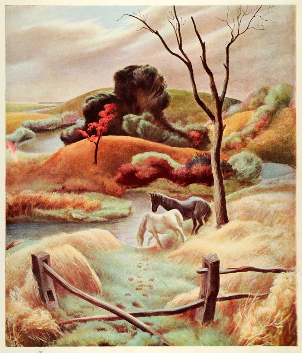 1945 Print Missouri Pastoral Horses Landscape John de Martelly Tempera XAA5