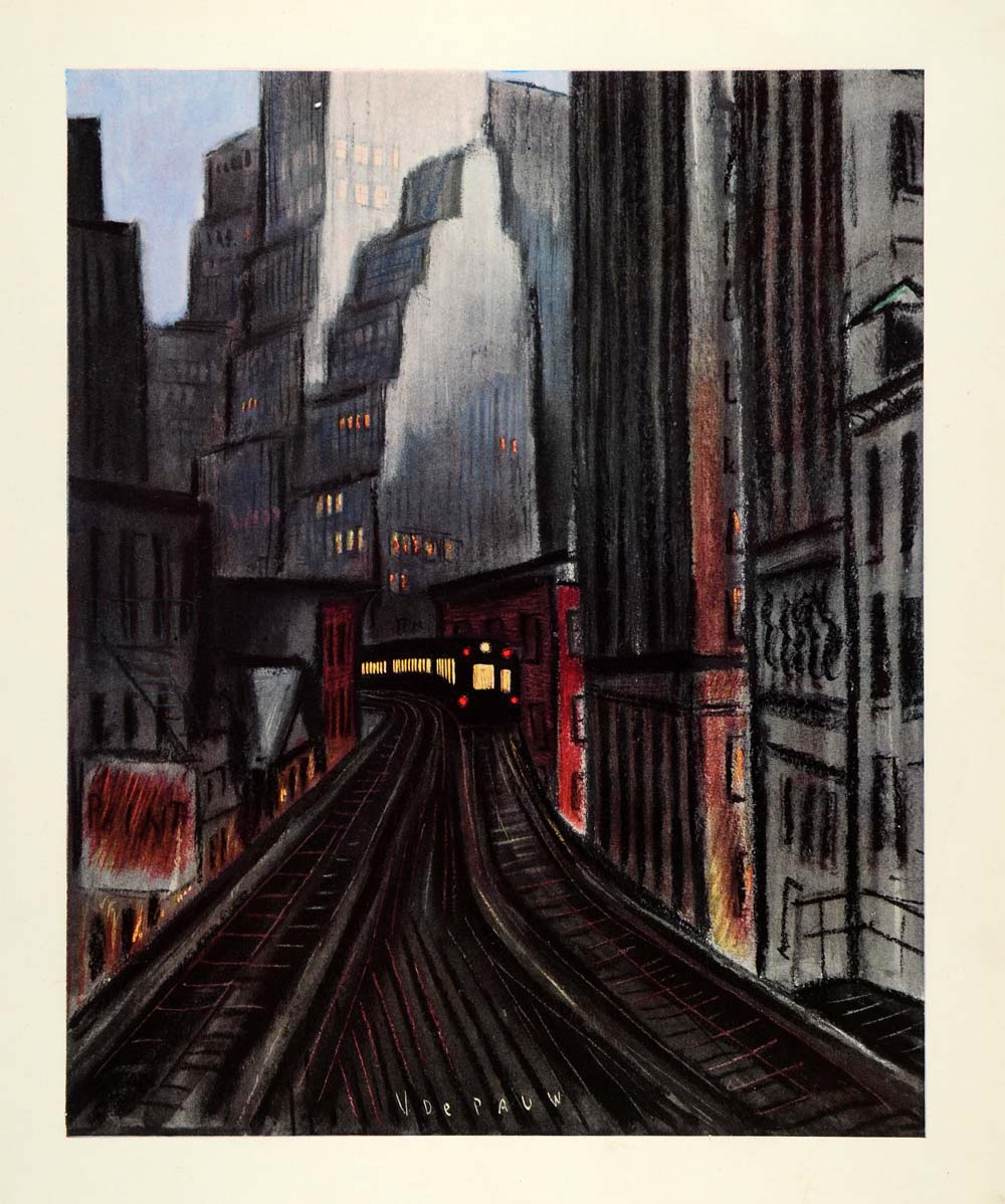 1945 Print Third Avenue El New York City Train Victor De Pauw Watercolor XAA5