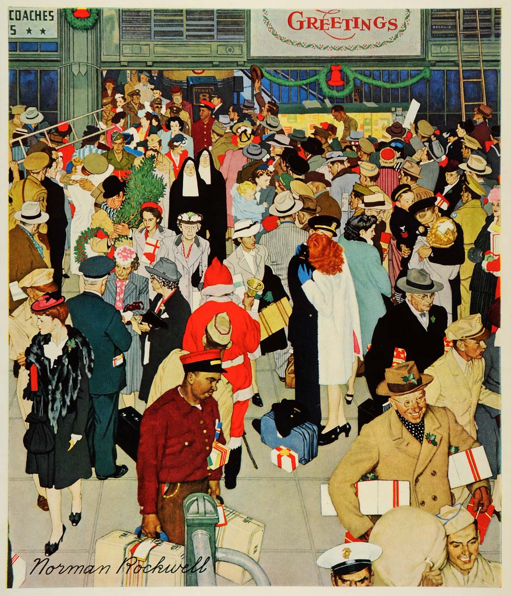 1945 Print Norman Rockwell Chicago Christmas Shoppers Shopping WWII XAA5