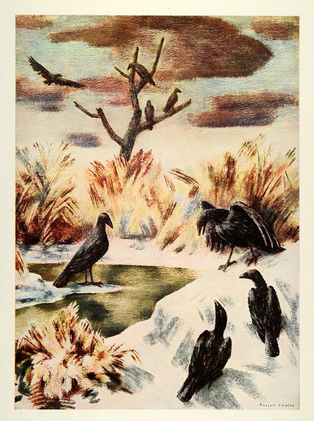 1945 Print Dismal Swamp New Mexico Birds Crows Watercolor Russell Cowles XAA5