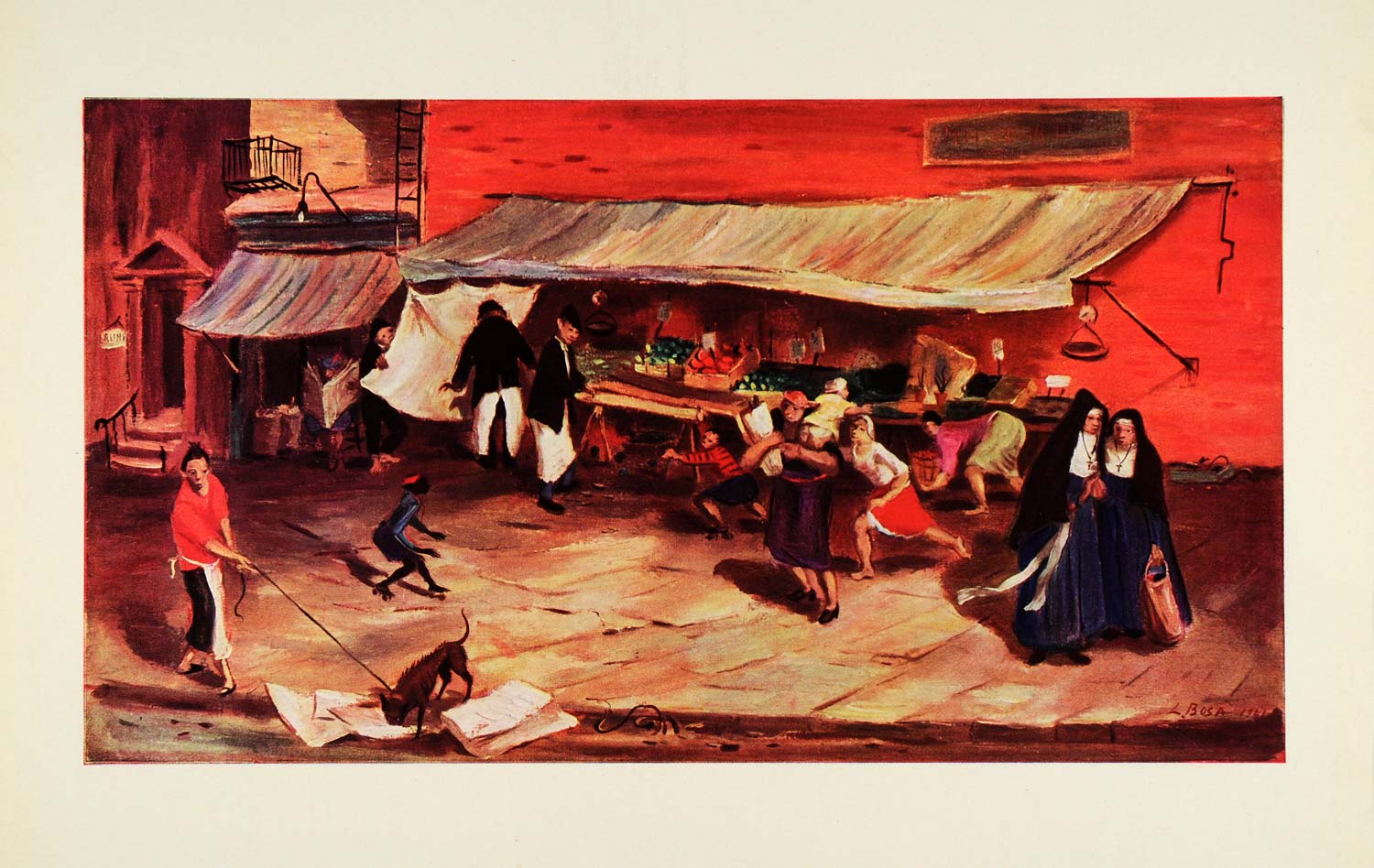 1945 Print New York City Sidewalk Market Street Marketplace Nuns Louis Bosa XAA5