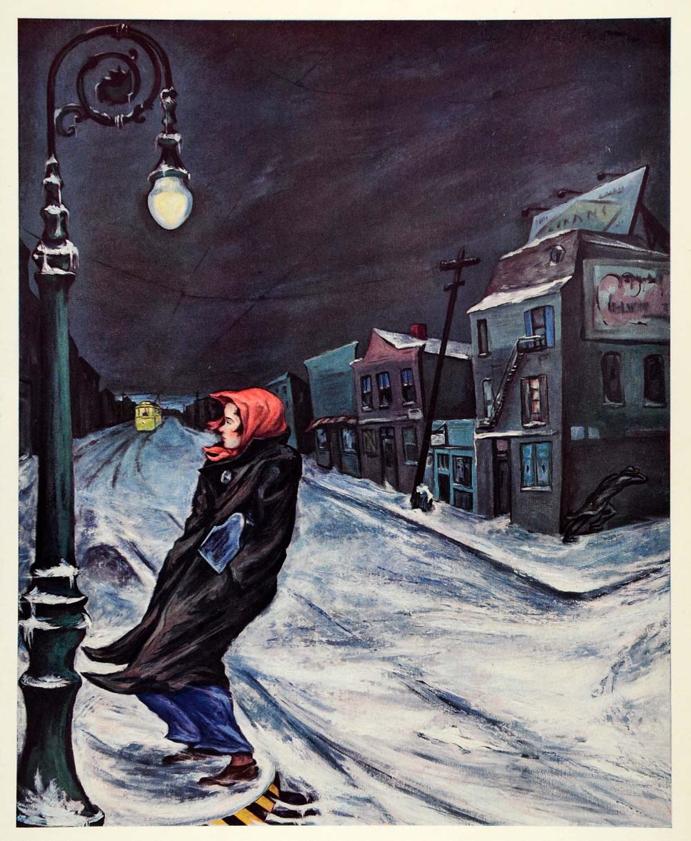 1945 Print Windy Day Pennsylvania Trolley Lamp Post Mervin Jules Oil XAA5