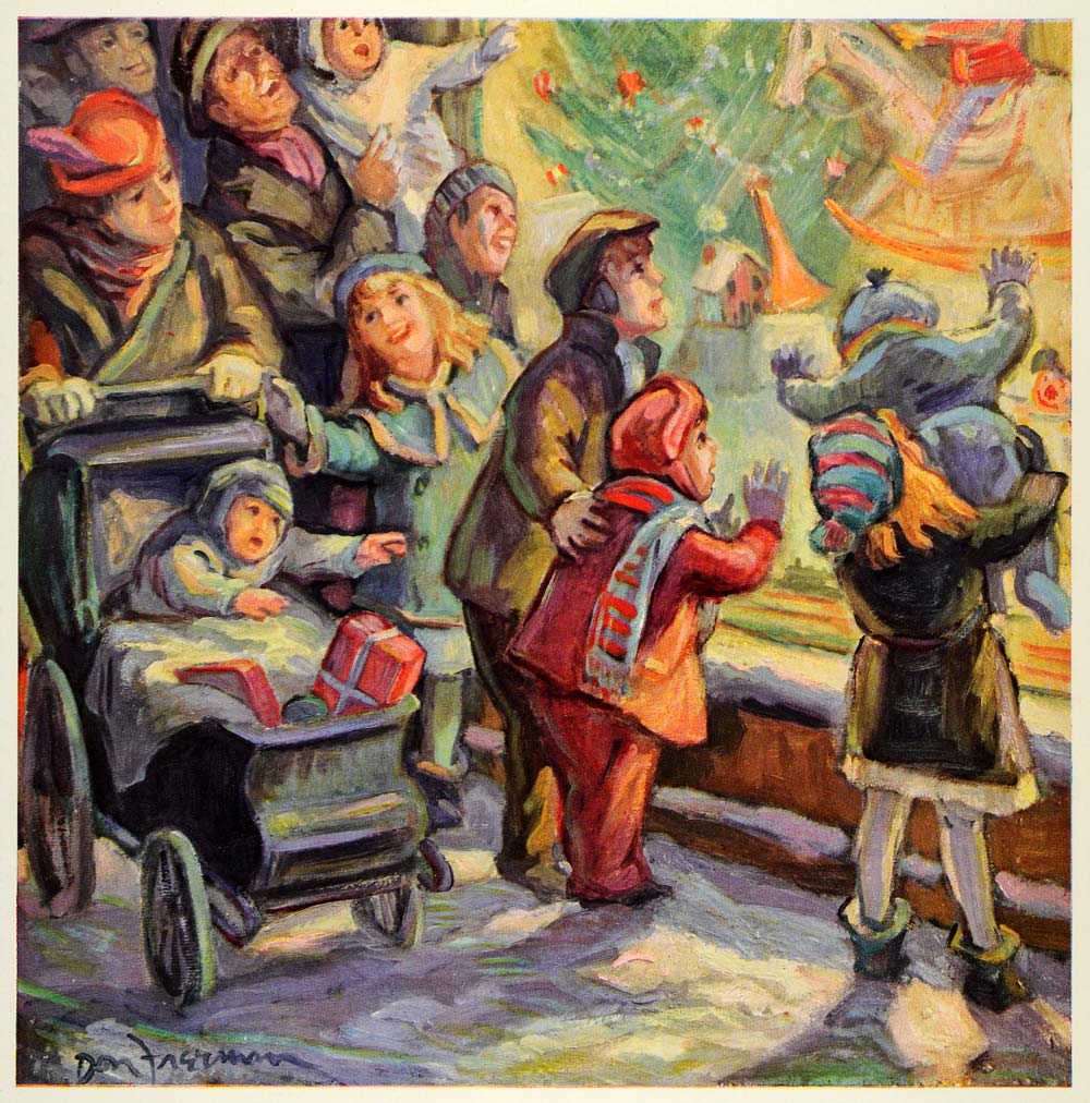 1945 Print Christmas Window Shopping Children Chicago Don Freeman Oil XAA5
