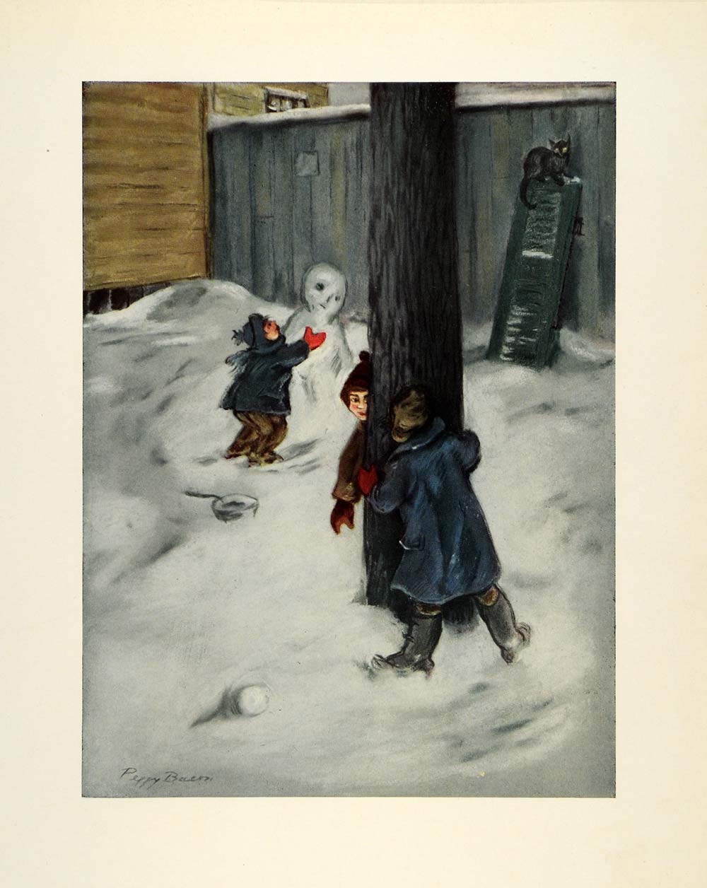 1945 Print Kids Hide Seek Game New Jersey Winter Snowman Peggy Bacon Art XAA5