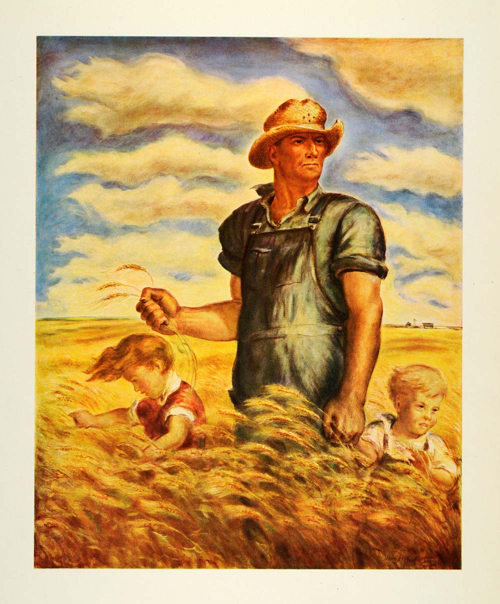 1945 Print Our Good Earth Midwest Farmer Children Field John Steuart Curry XAA5