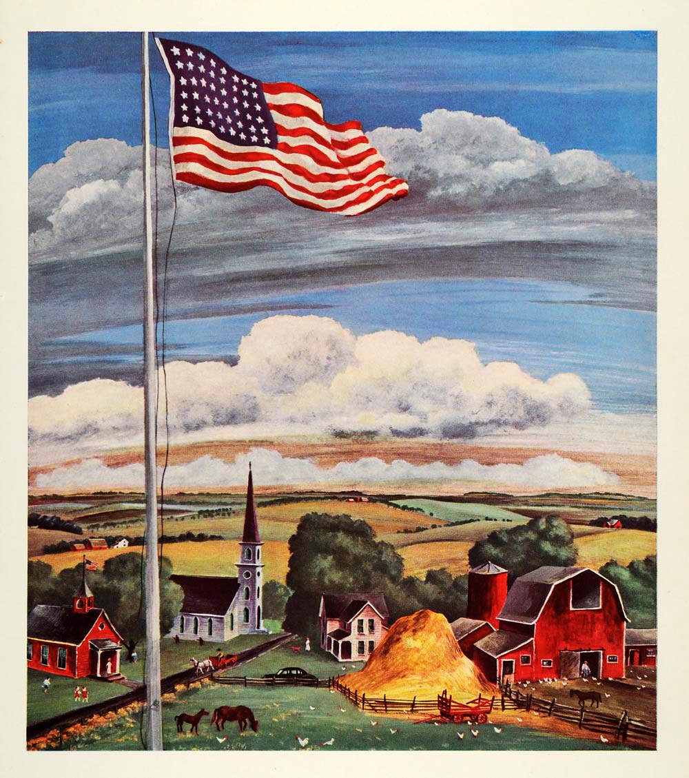 1945 Print This Is Our Own Native Land Iowa Farm Barns U.S. Flag Adolf Dehn XAA5
