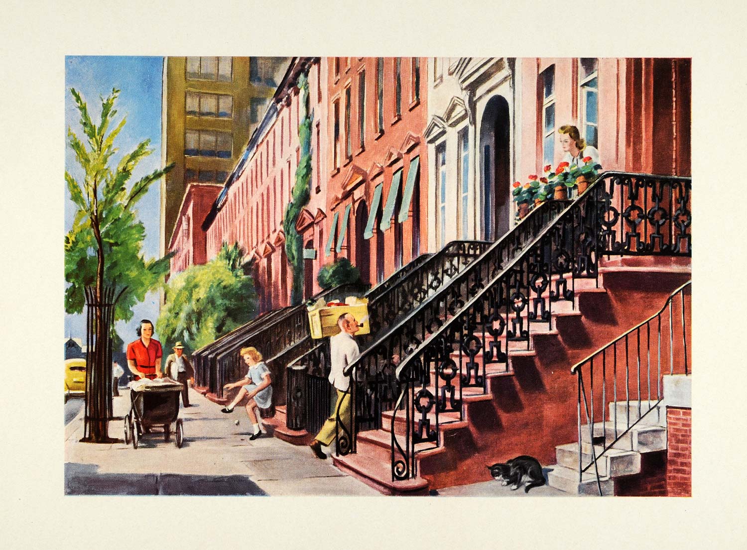1945 Print St. Lukes Place New York City Street Scene Rudolf Wetterau Oil XAA5