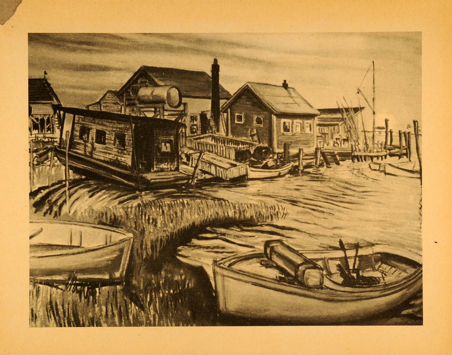 1945 Print Clinton Connecticut Waterfront Boats Boathouses Gyula Zilzer Art XAA5
