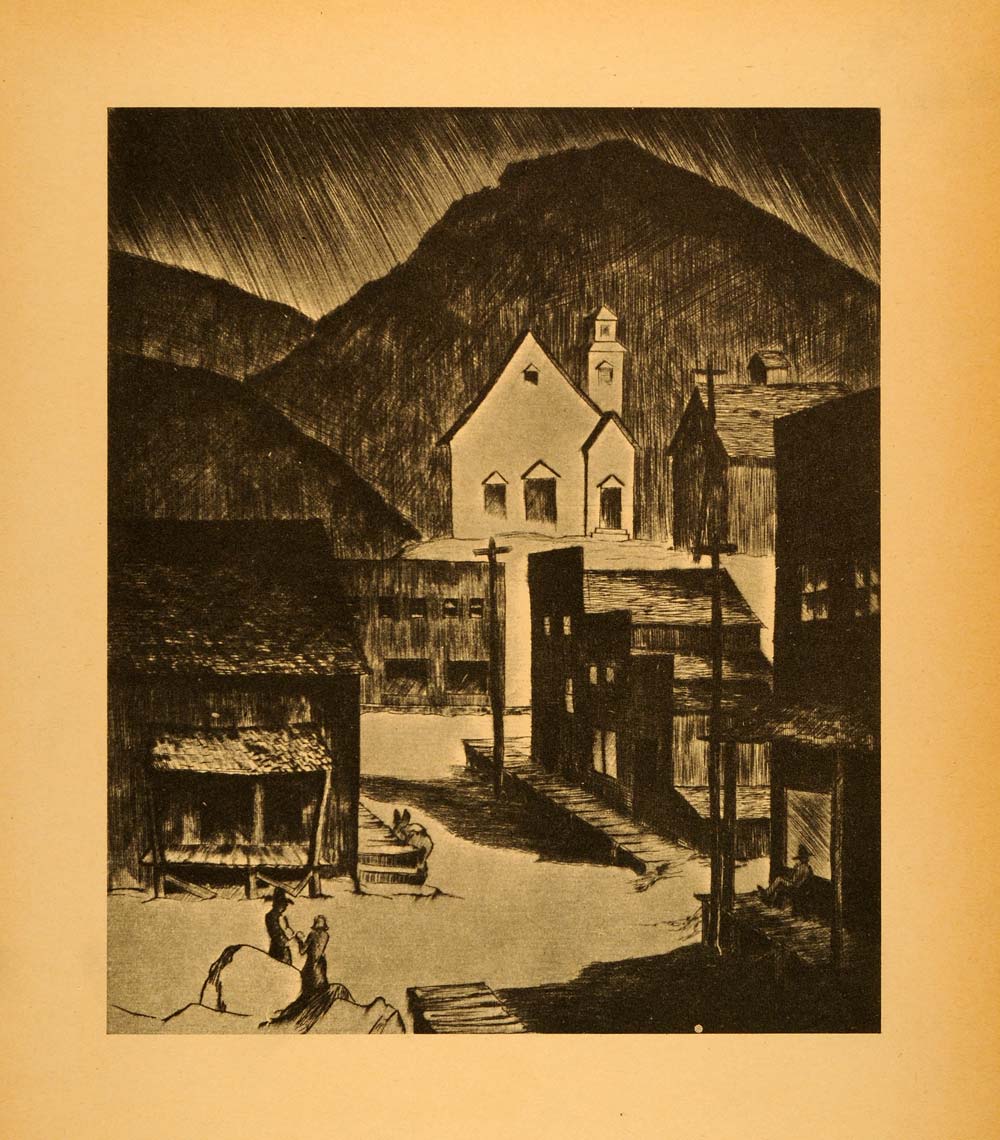 1945 Print Black Hawk Colorado Late Afternoon Lowell Bobleter Etching Art XAA5