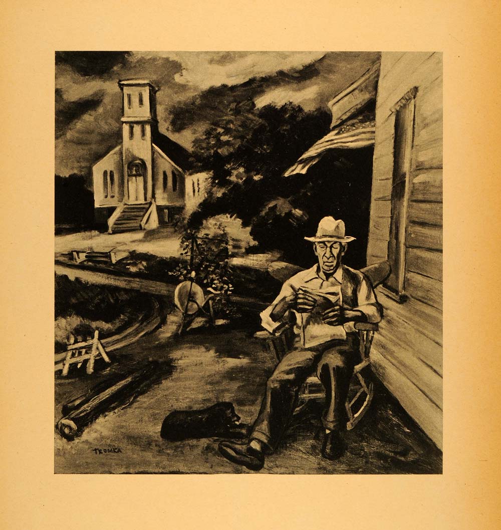1945 Print New York Sunday Afternoon Church Farmer Rocking Chair Dog Tromka XAA5