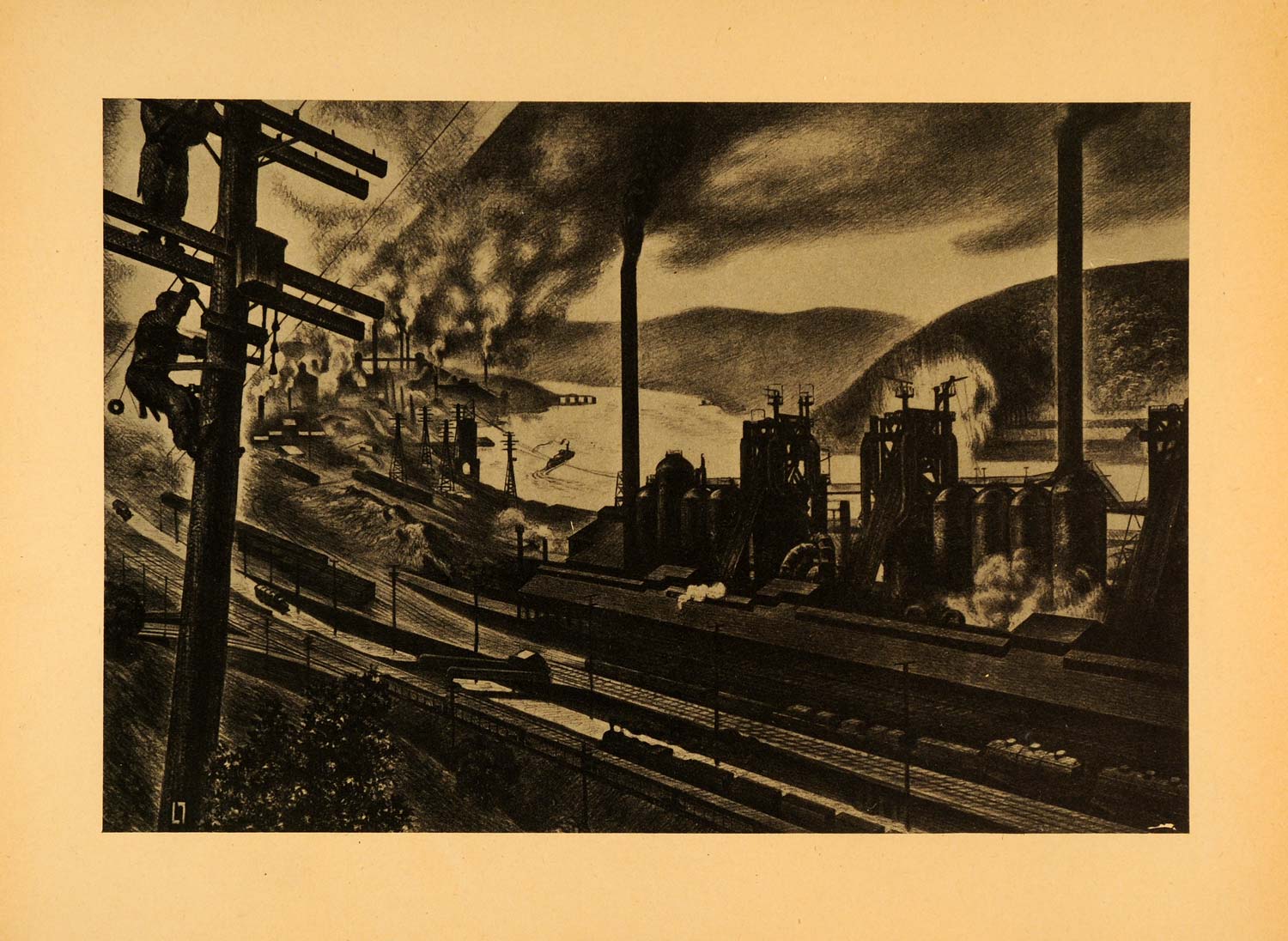 1945 Print Steel Valley Pennsylvania Industrial Railroad Louis Lozowick Art XAA5
