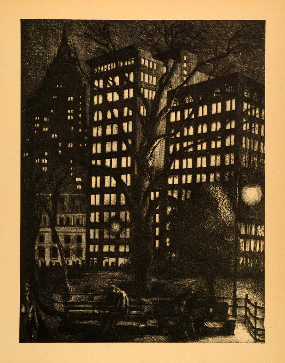 1945 Print New York City Lights Skyscraper Buildings Night Ernest Fiene Art XAA5