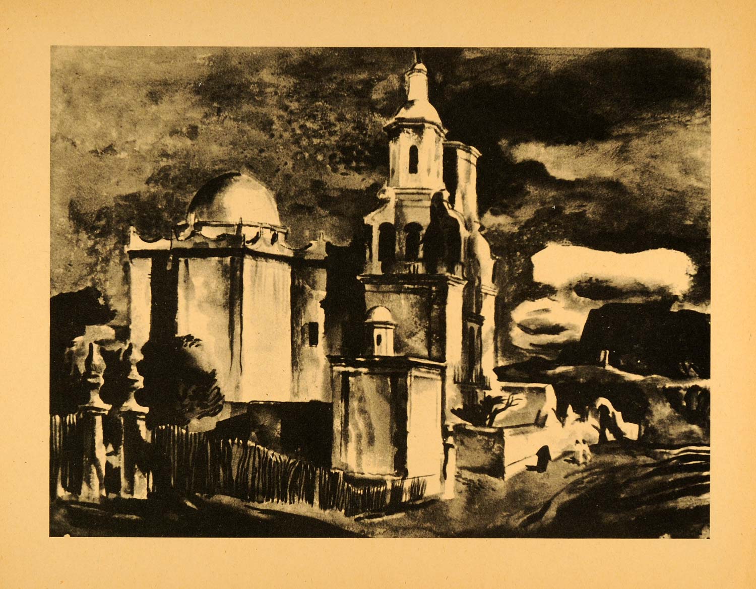1945 Print San Xavier Spanish Mission Church Arizona Millard Sheets Art XAA5