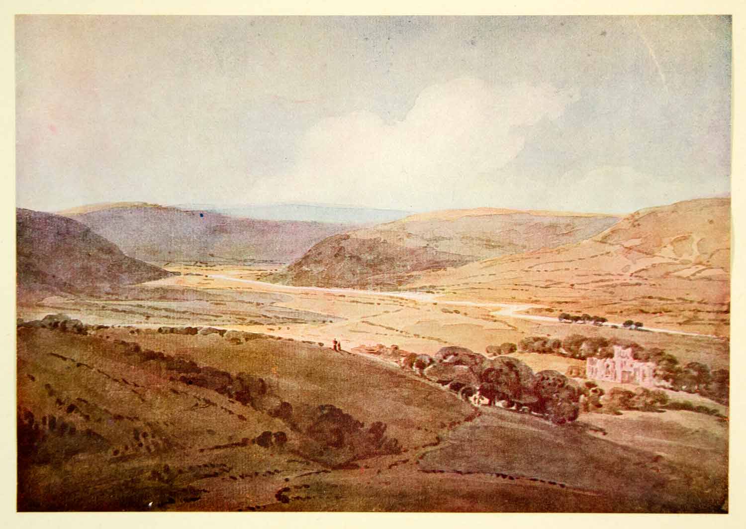 1933 Offset Lithograph Landscape Green Sky Hill Mountain Valley River XAAA1