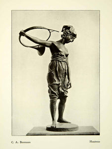 1909 Print C.A. Bermann Huntress Sculpture Nude Woman Breast Brass Horn XAAA3
