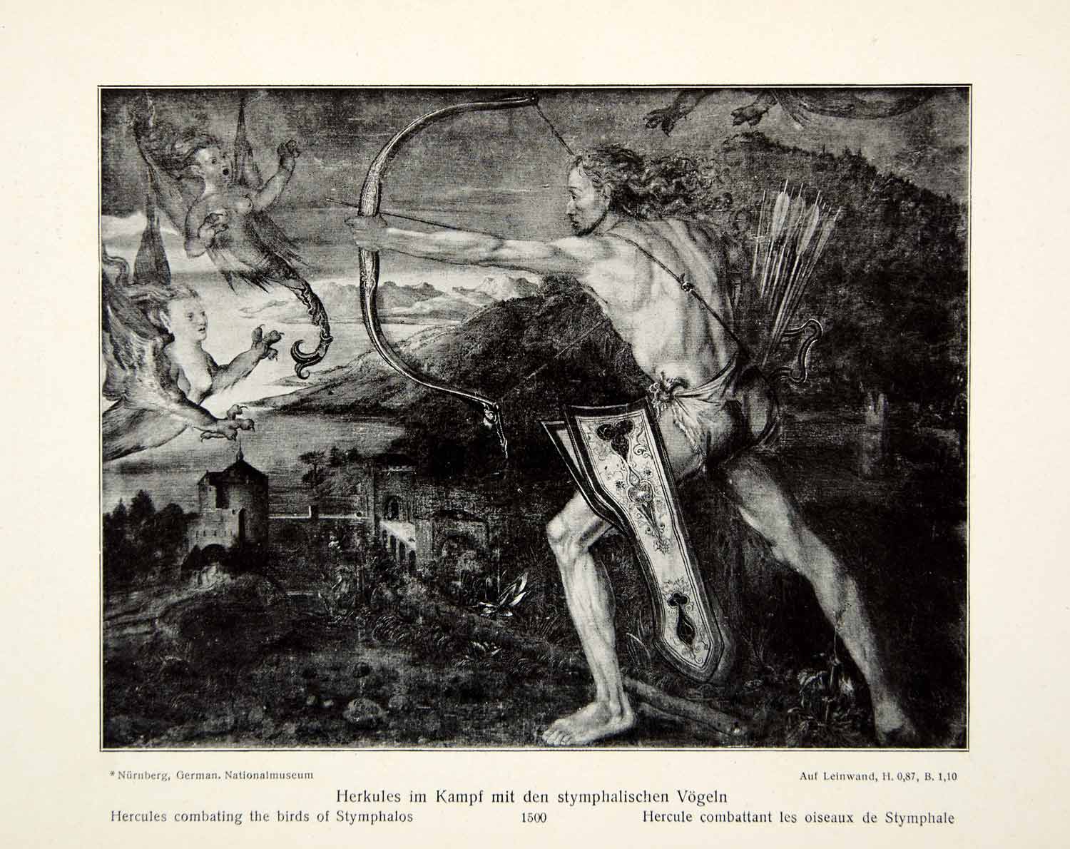 1908 Print Hercules Stymphalos Harpies Archer Bow Quiver Albrecht Durer XAAA4