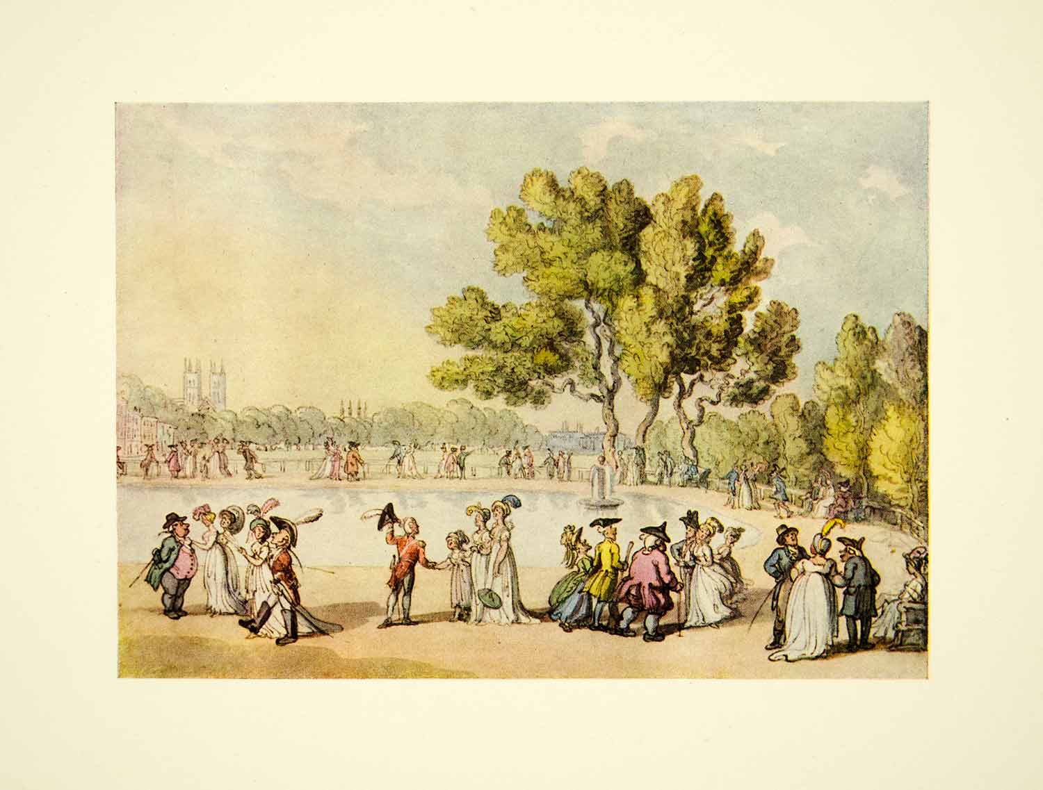 1952 Offset Lithograph Promenade St James' Park Thomas Rowlandson Art Pond XAAA5