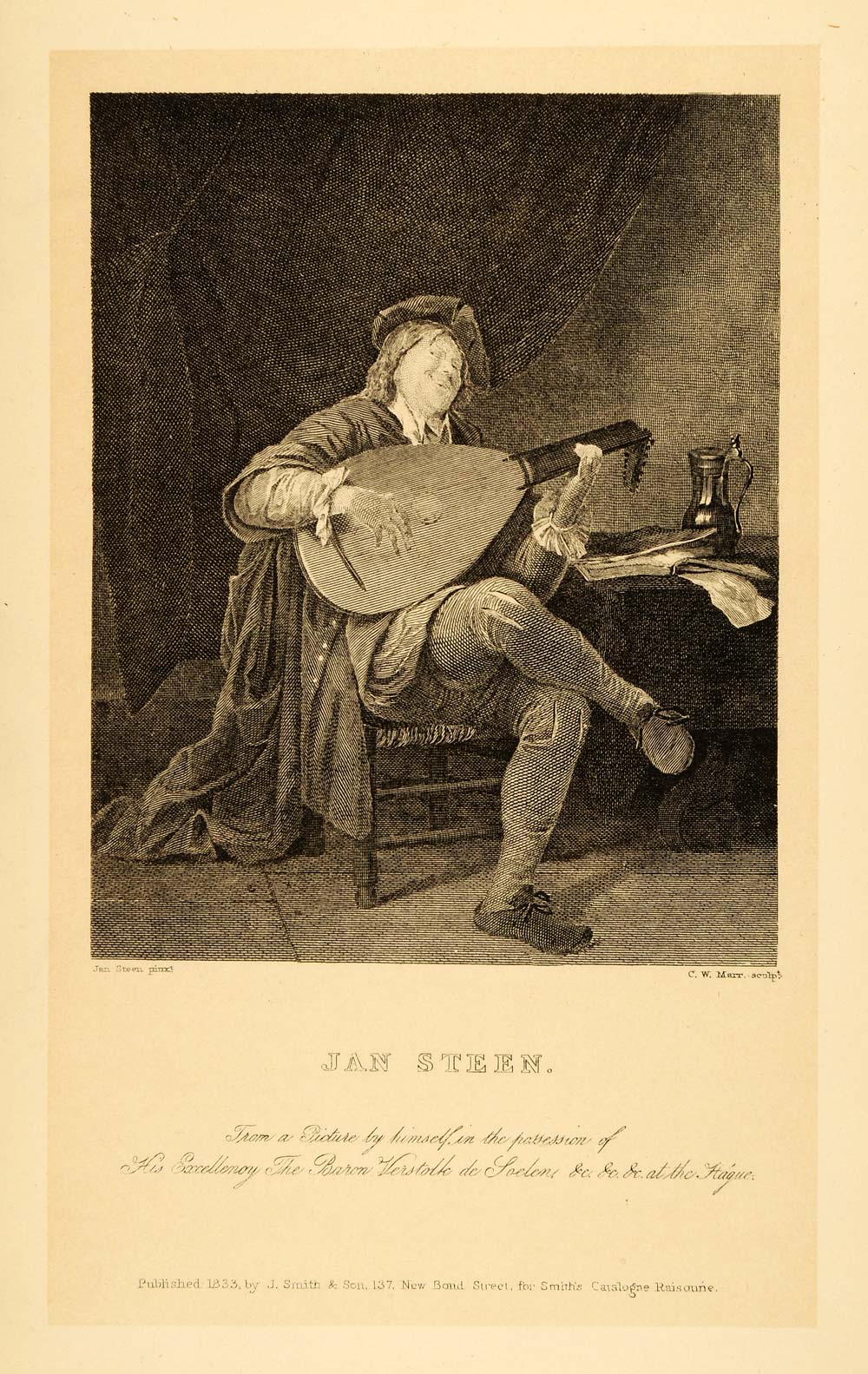 1908 Lithograph Artist Jan Steen Self Portrait Lutenist Musical Instrument XAB5