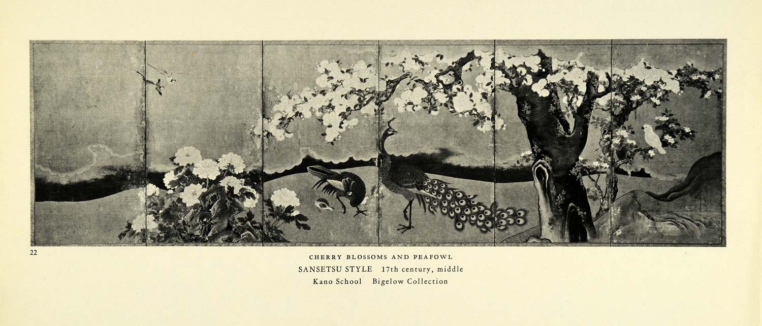 1935 Print Peacock Birds Feather Sansetsu Cherry Blossom Bigelow Animal XAB9