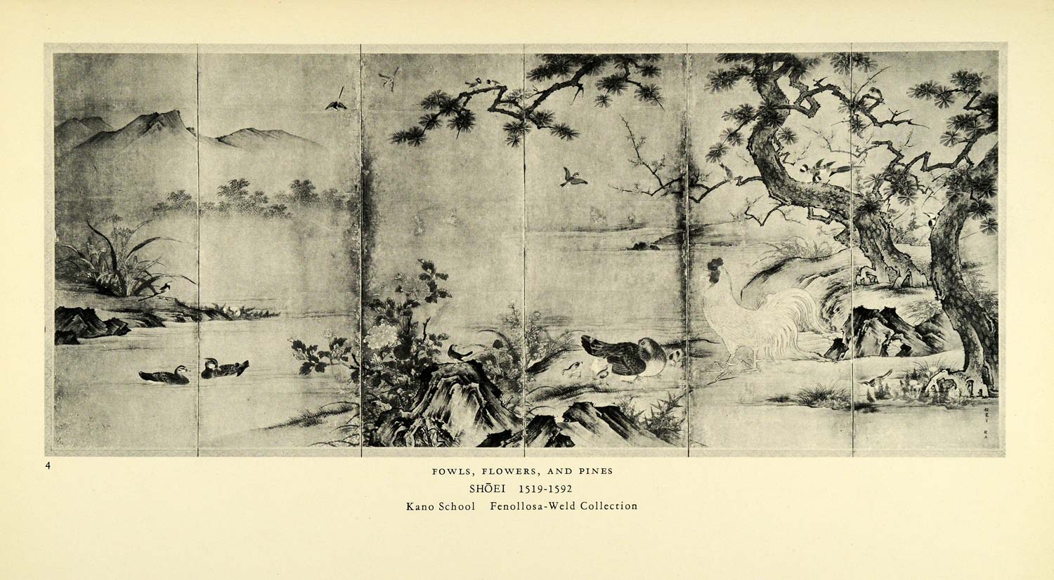 1935 Print Fowl Flower Pine Bird Duck Tree Landscape Shoei Japan Art Kano XAB9