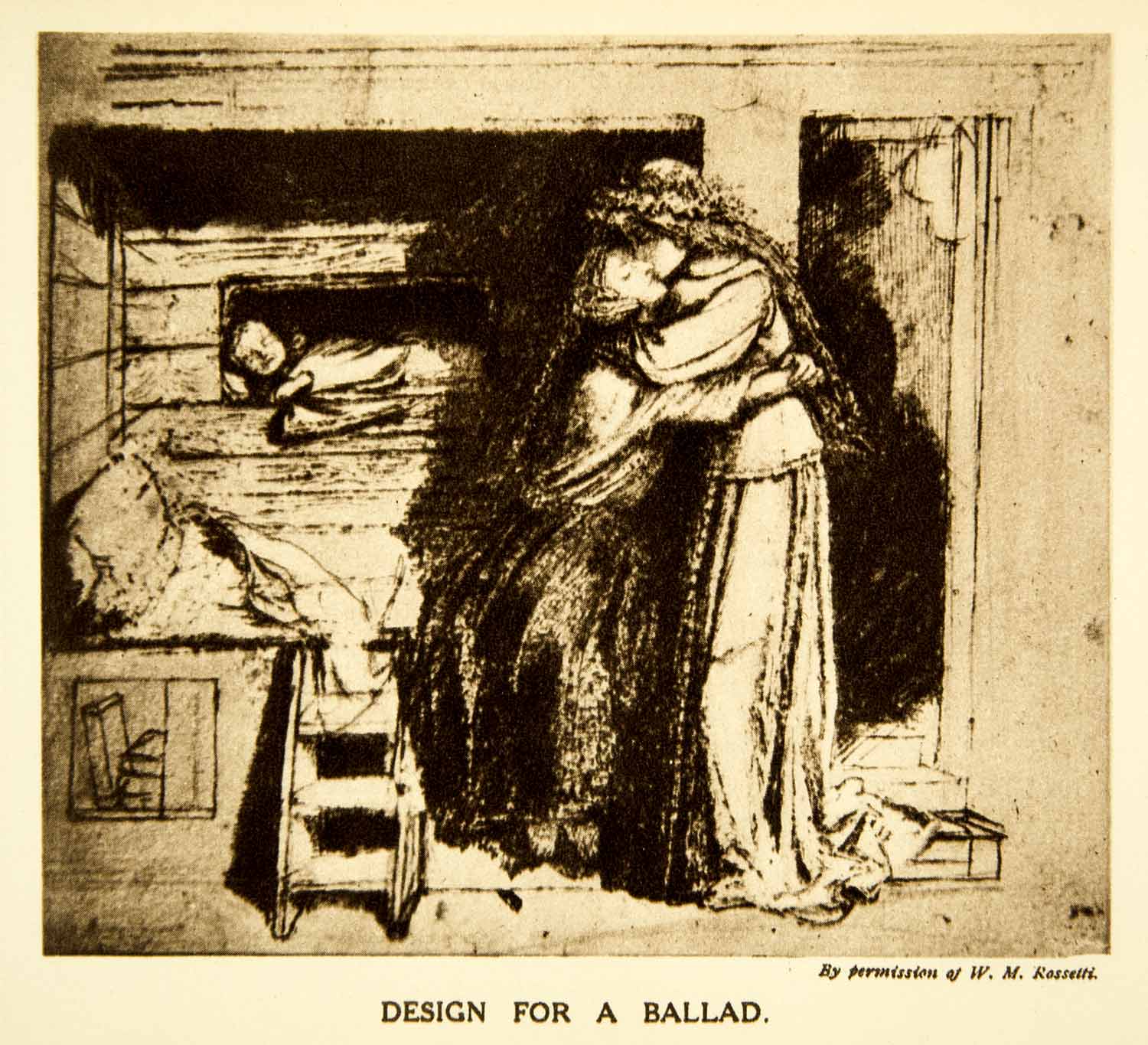1915 Rotogravure Dante Gabriel Rossetti Design Ballad Kiss Lovers Romance XABA2