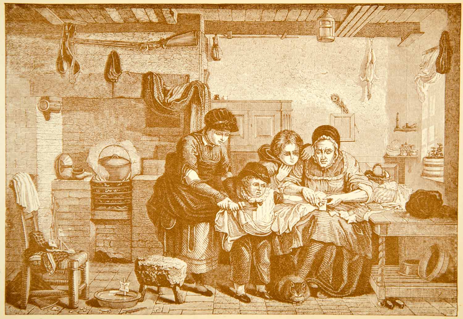 1892 Wood Engraving Cut Finger Children Mother Interior Kitchen Sir David XABA8